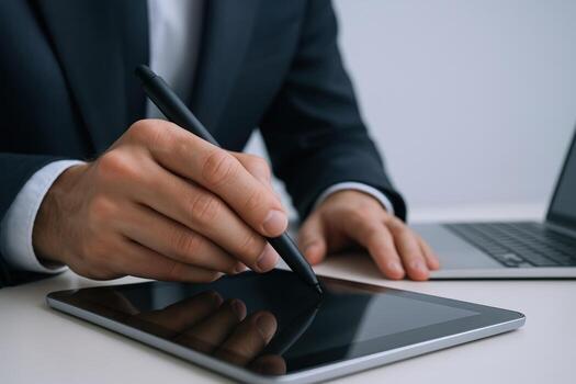 Digital Signature Process Business Man Using Tablet and Stylus for Electronic Documents photo