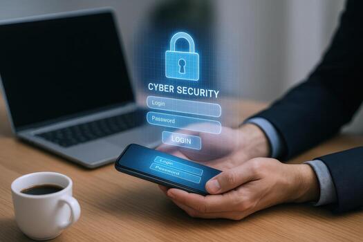 Cybersecurity Interface on Smartphone with Login Details and Padlock, Laptop and Coffee on a Desk photo