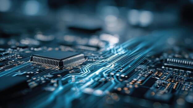 electrónico circuito tablero con pastilla de cerca alta tecnología industria, informática, y innovación foto