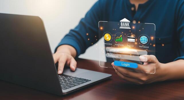 Online Banking Interface on Mobile Phone Displayed Beside Laptop, showcasing Digital Finance Technology and Security photo