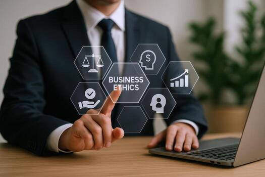 Ethical Business Practices Concept Businessman Interacting with Virtual Icons Representing Corporate Responsibility and Integrity in Management photo