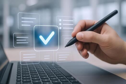 Digital Approval Hand with Stylus Marking Checklist on Laptop Screen, Concept of Efficiency and Workflow photo