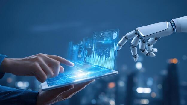 Human and Robot Hands Interact with Digital Tablet Displaying Futuristic Data and Cityscape Background photo