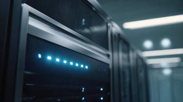 Data center with servers operating with blue lights, networking and information technology photo