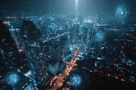 Smart Cityscape at Night with Digital Cybersecurity Overlay and Networking Technology Infrastructure Illustration photo