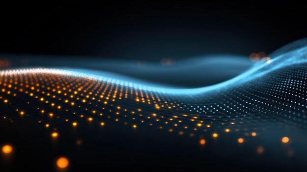 resumen datos visualización con ondulado azul y naranja partícula corrientes en un oscuro antecedentes foto