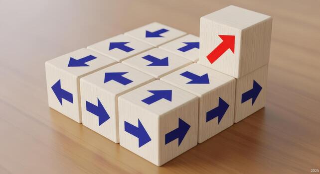 Wooden Blocks Displaying Contrasting Arrows Symbolizing Creative Disruption, Differentiation, and Unique Perspectives for Business Strategies photo