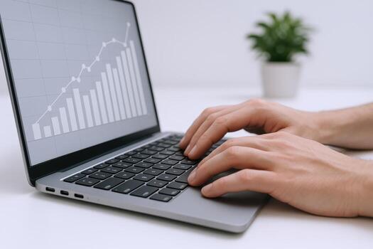 Financial Analyst Working on Laptop with Graph Displaying Growth in Modern Office Environment photo