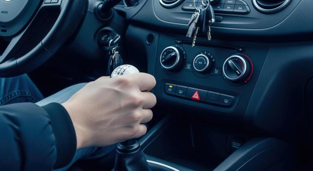 Close-up of hand shifting manual transmission in vehicle, demonstrating driving experience and vehicle control photo