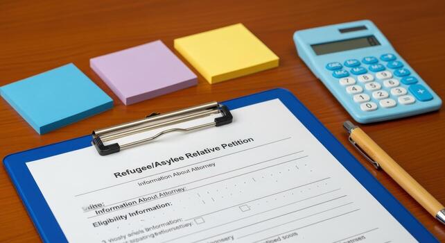 Asylum Application Form on Clipboard with Pen, Calculator and Sticky Notes on Wooden Desk photo