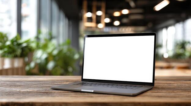 Laptop with Blank Screen on Wooden Desk in Modern Office Setting for Mockup photo