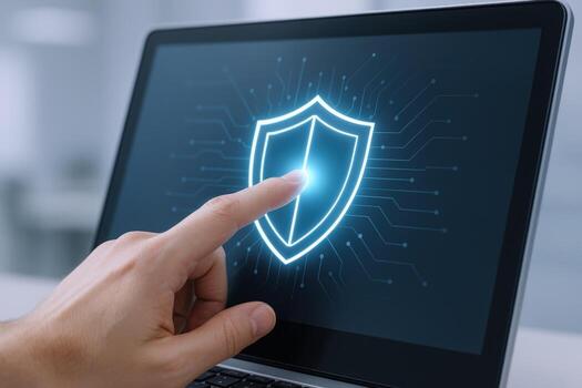 Cybersecurity Protection Mans Finger Touches Glowing Shield Icon on Laptop Screen Representing Digital Security photo