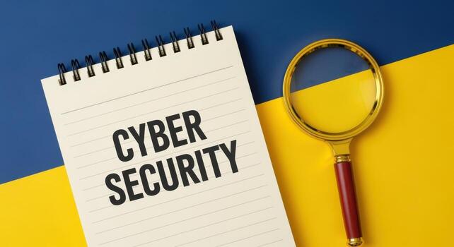 Cybersecurity concept notebook with magnifying glass on blue and yellow background symbolizing data protection photo