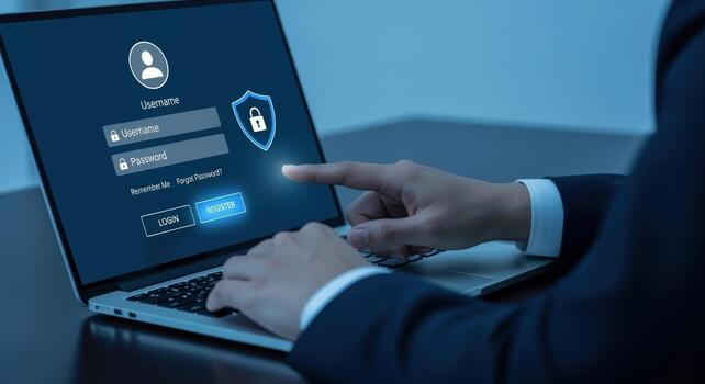 ordenador portátil seguridad persona entrando nombre de usuario y contraseña para acceso, datos proteccion concepto foto