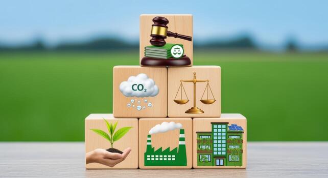 Environmental Regulation and Sustainable Business Practices Depicted on Wooden Blocks with Green Field Backdrop photo