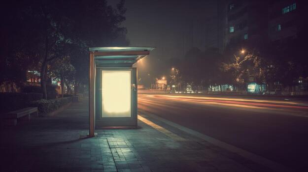Illuminated Bus Stop Advertisement at Night with Motion Blur, urban advertisement and transport concept photo