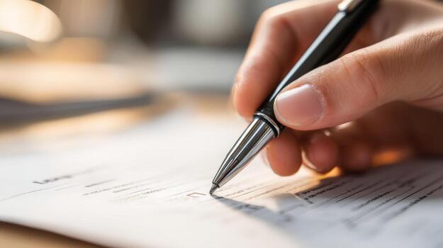 Close-up of hand filling out form with pen, focus on paperwork and completing documents photo