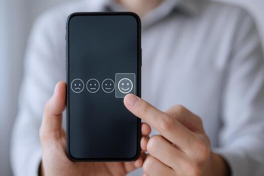 Customer feedback satisfaction survey on smartphone, client experience, positive rating, happy customer, excellent service photo