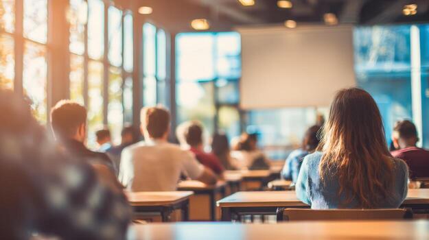 Students Attending University Lecture in a Bright Classroom with Projector Screen Displaying Information photo