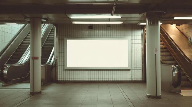 Blank Advertisement Billboard in Subway Station with Escalators and Columns for Marketing Campaigns photo