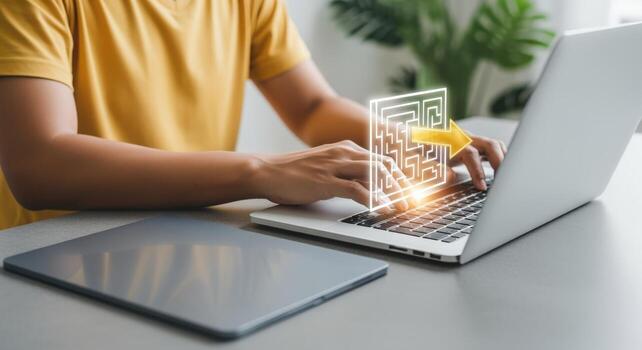 Man Navigating Digital Maze on Laptop, Solving Complex Problems with Innovative Tech Solutions and Strategic Thinking photo