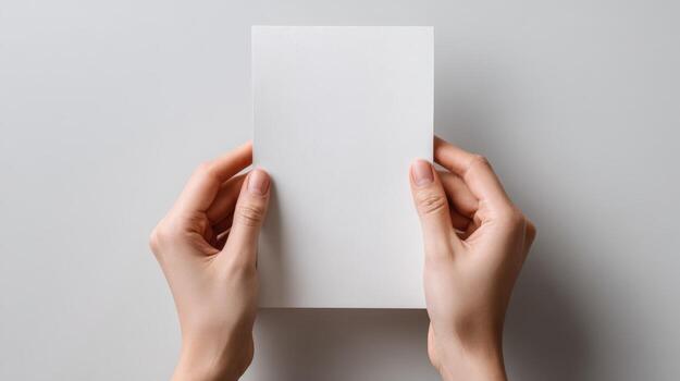 Womans Hands Holding a Blank White Card, Perfect for Mockups, Greetings, and Invitations on Neutral Background photo
