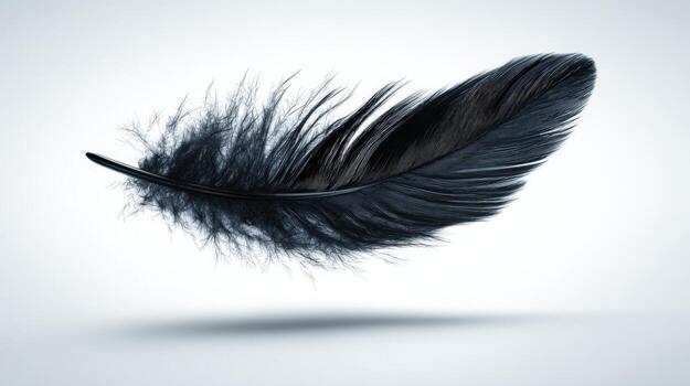 Elegant dark feather floating gently in the air, isolated against a soft, gradient background photo