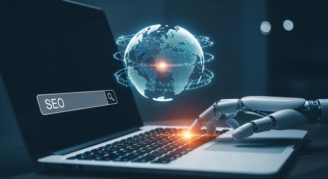 ai impulsado seo mejoramiento robot mano mecanografía en computadora portátil, global datos visualizaciones para buscar motor márketing foto