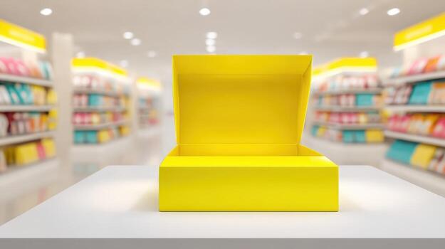 Bright Yellow Box Mockup in Retail Setting for Product Placement and Display Advertising photo