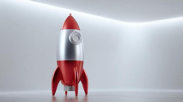 Red and Silver Rocket Model Ready for Launch in a Bright White Room photo