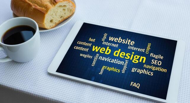 Web Design Word Cloud on Tablet Screen Displayed with Coffee and Pastry for a Modern Workspace photo