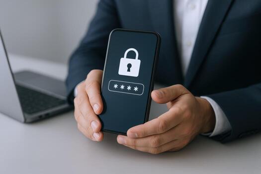 teléfono inteligente seguridad empresario sostiene teléfono con bloquear icono y contraseña entrada para datos proteccion foto