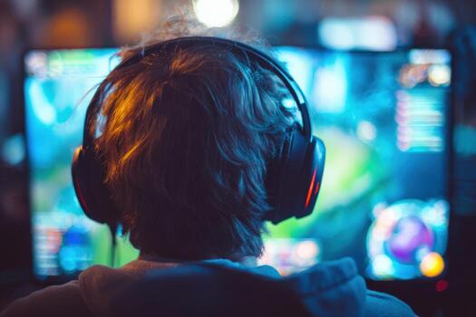 Person Immersed in a Game with Headphones, View from Behind, Online Gaming photo