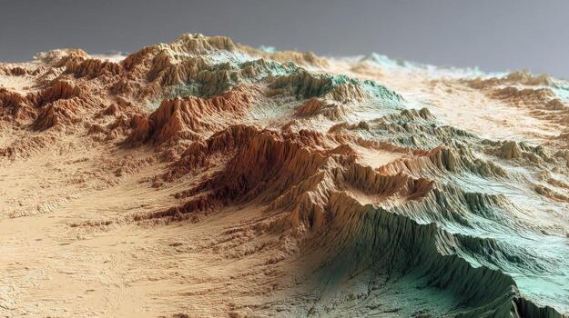 Detailed Topographical 3D Render of a Mountainous Terrain Featuring Ridges and Valleys in Warm Earth Tones photo