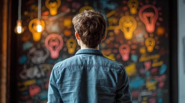 hombre contemplando bombilla idea ilustraciones en pizarra, creativo pensando y problema resolviendo concepto en puesta en marcha ambiente foto