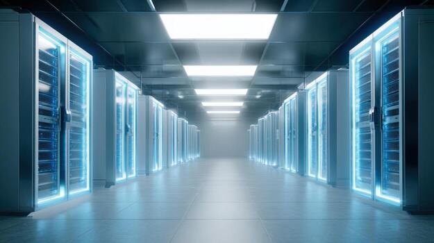 Server Room Data Center with Rows of Rack Servers and Neon Lighting Illuminating the Space photo