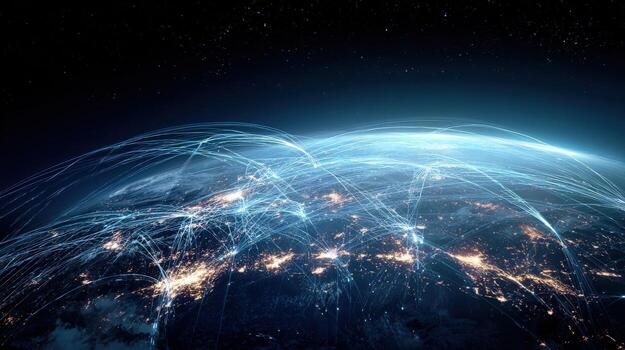 Global Network Connection Futuristic Earth Visualization with Digital Data Transmission and Interconnected Communication Infrastructure photo