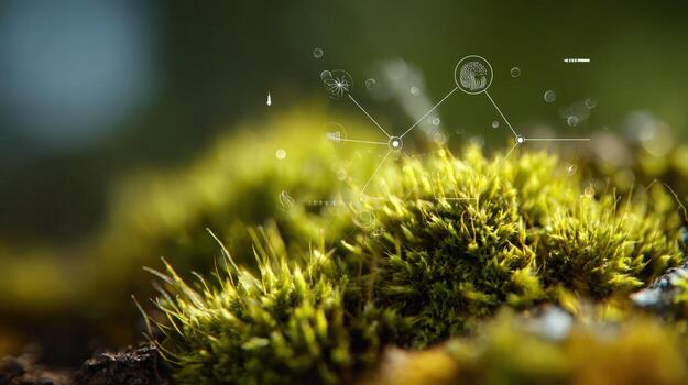 Closeup of Green Moss with Digital Network Overlay, representing technology and nature integration in environmental monitoring photo