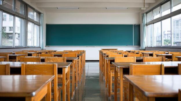Empty Classroom with Wooden Desks and Blackboard, Ready for Students, Education, Learning Environment photo