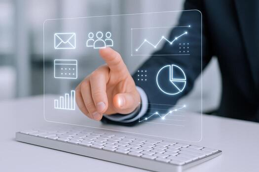 Interactive Business Analytics Display Showing Financial Growth Charts, Communication Icons and Team Collaboration Via Technology photo
