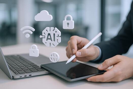 AI Integration on Tablet with Cloud Security, Data Protection, and Wireless Network Access in Modern Office photo