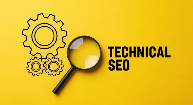 Technical SEO Strategy Concept with Gears and Magnifying Glass on a Yellow Background for Optimization photo