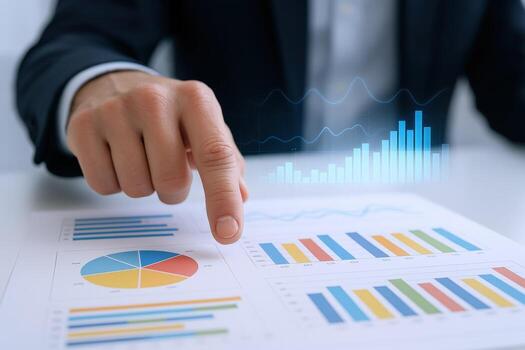 Analyzing Financial Data Businessman Examining Charts and Graphs for Investment Strategy and Business Growth photo