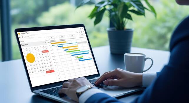 Project Management Software on Laptop Display Business Planning and Scheduling with Gantt Chart photo