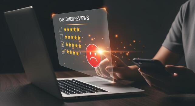 Negative Customer Reviews Interface Unhappy Feedback on Laptop with Mobile Phone for Business photo