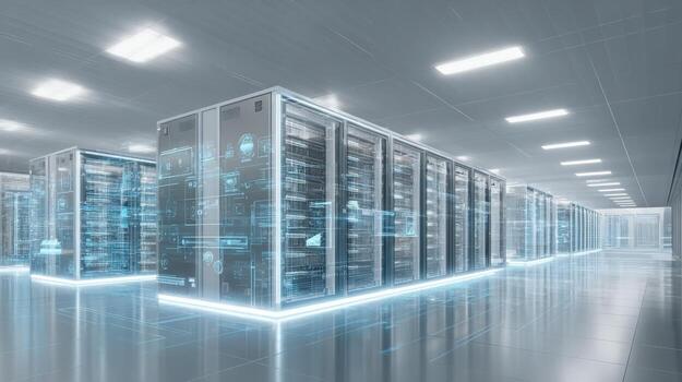 Data Center Interior with Server Racks and Digital Overlays for Cloud Computing and Information Technology photo