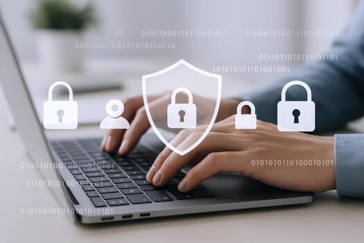 Cybersecurity Professional Typing on Laptop with Security Icons Overlayed for Data Protection and Online Safety photo