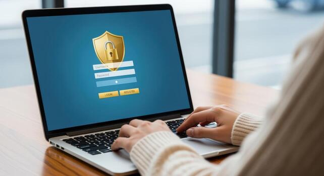 Hands Typing on Laptop with Security Login Screen Displayed, Internet Safety Concept photo