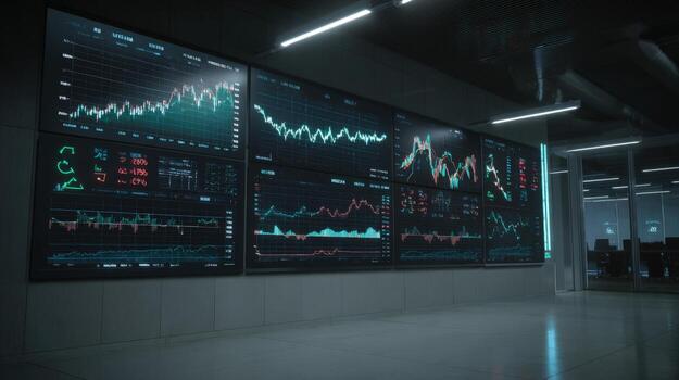 Financial Data Visualization on Multiple Screens Displaying Market Analysis and Stock Trading Information in a Dark Office photo