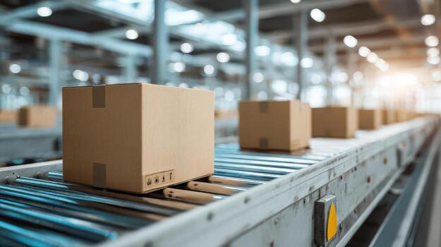 Cardboard Boxes Moving on Conveyor Belt in Distribution Warehouse Automated Shipping and Logistics photo
